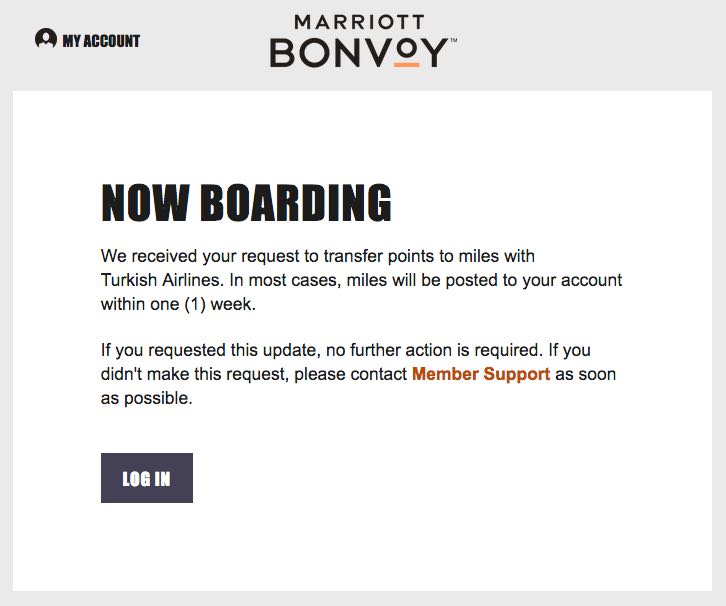 Marriott Bonvoy points to Turkish Airlines miles transfer request confirmation email