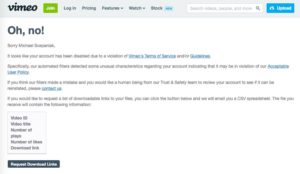 Vimeo error message that Michael Scepaniak's account has been disabled because of a violation