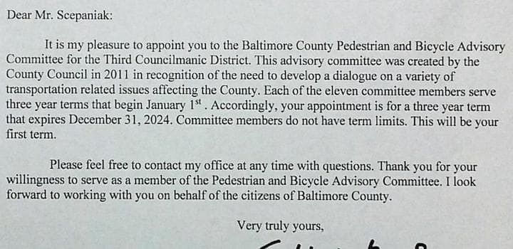 Baltimore County Bicycle and Pedestrian Advisory Committee letter of appointment.